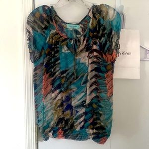 100 % Silk boho fancy soft delicate sheer top SILK aqua watercolors design